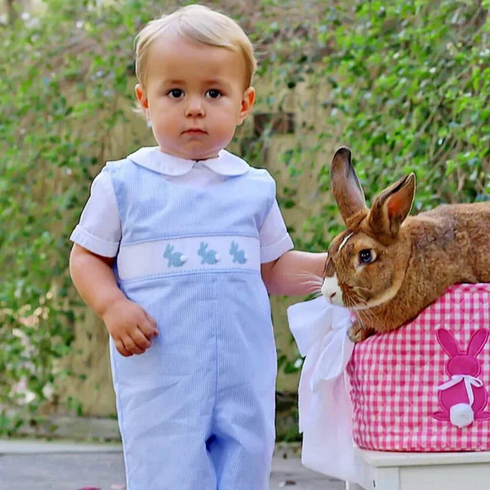 New CLASSIC WHIMSY Blue Gingham Embr Bunny Smocked Longall Romper 18M